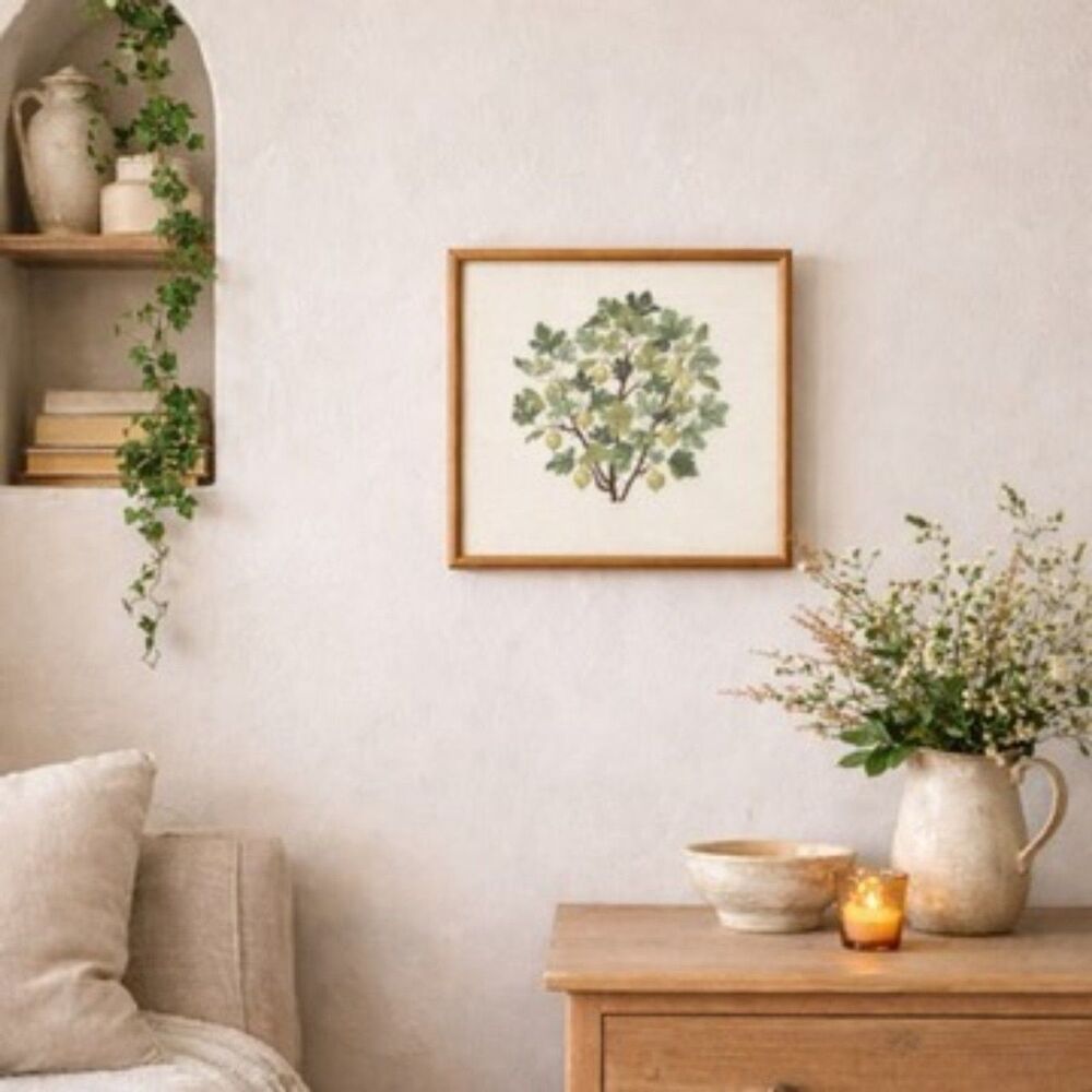 Vintage Handmade Botanical Tree Cross Stitch Framed Wall Art Cottagecore Decor